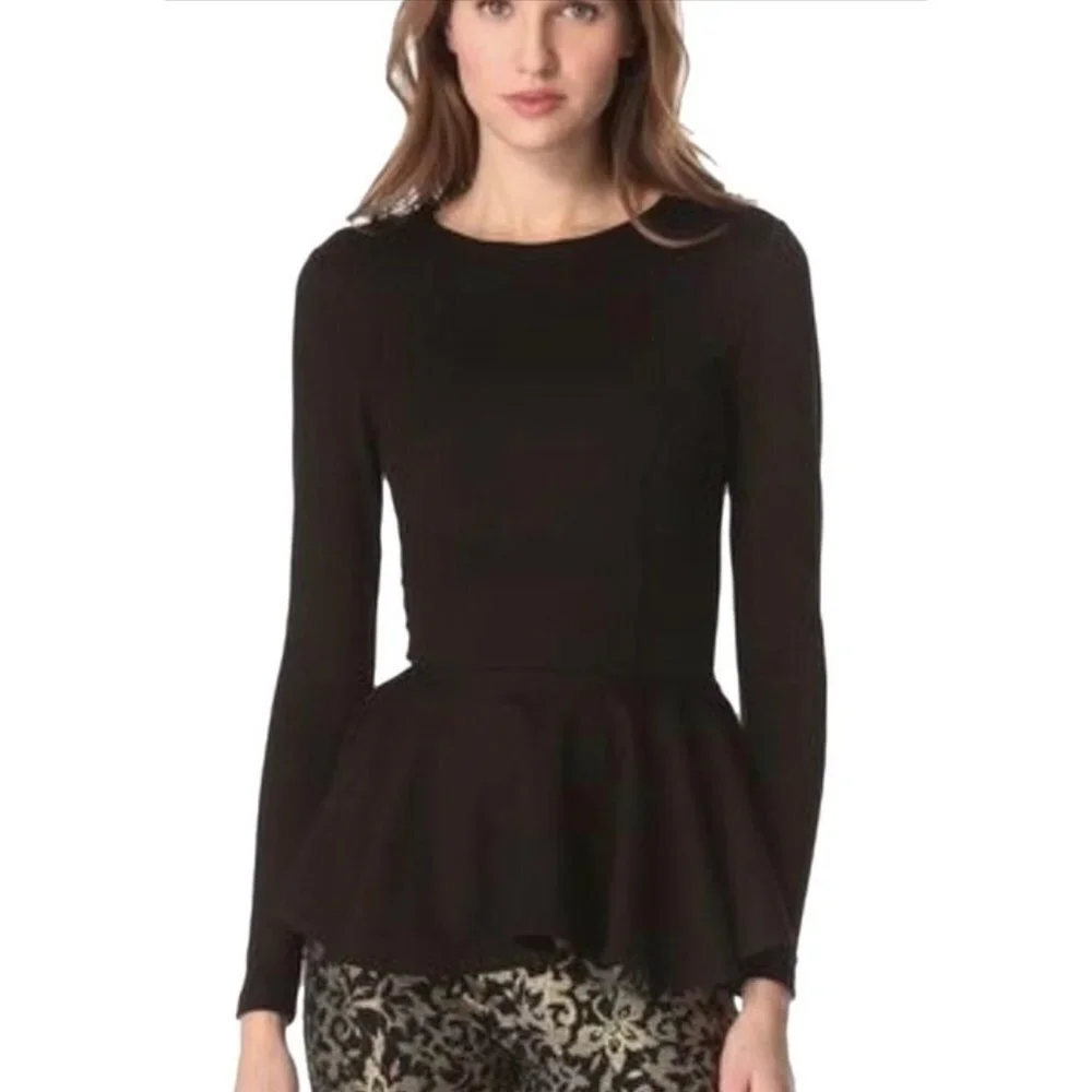 Torn By Ronny Kobo Judy Peplum Long Sleeve Blouse Black Size‎ Small